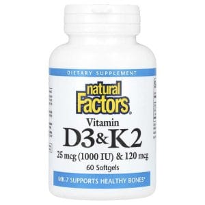 Vitamin D3 + K2, 25 mcg (1,000 IU) + 120 mcg, 60 Softgels của Natural Factors